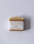 Handmade Narra soap with 'Ives & Bees' packaging on a light gray background