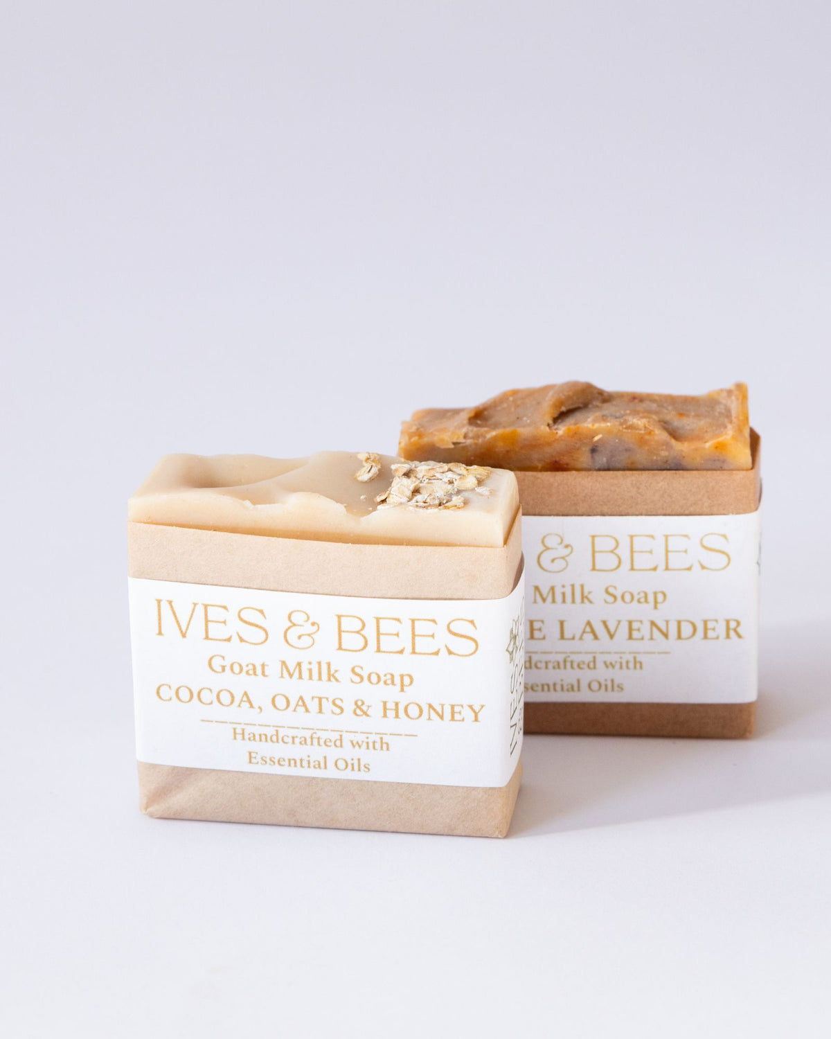 Two Cocoa, Oats & Honey Goat Milk Soap with 'Ives & Bees' branding on a light background
