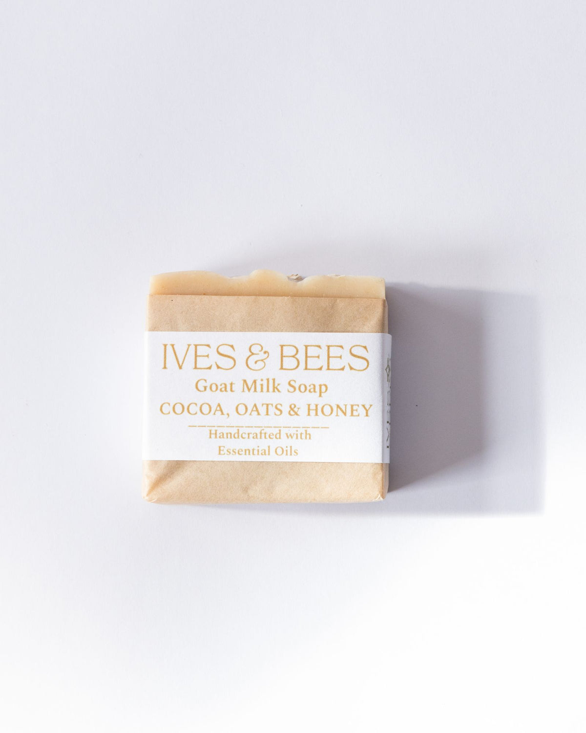 Cocoa, Oats & Honey Goat Milk Soap with 'Ives & Bees' branding on a white background