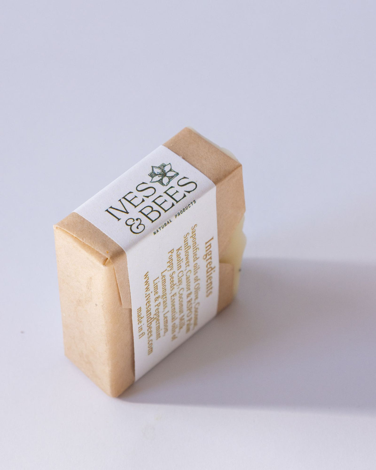 Lemongrass Soap with 'Ives & Bees' packaging on a white background
