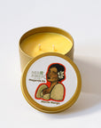 Maganda Ka Candle in a gold tin with a label featuring a woman and the brand 'Ives & Bees'.