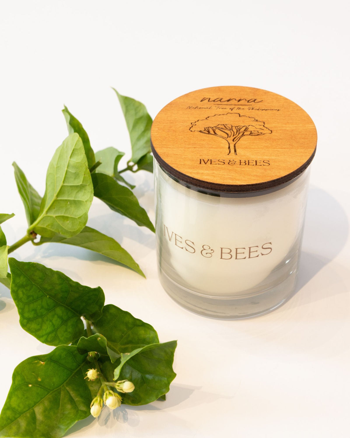 Narra Candle with wooden lid and 'Ives & Bees' branding, surrounded by green leaves on a white background