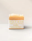 Handmade Narra soap with 'Ives & Bees' branding on a light background