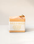 Handmade Pink Rose Soap with 'Ives & Bees' branding on a light background