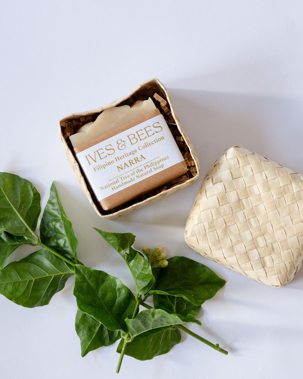 Soap & Pouch Gift Set in a Handwoven Box Made in the Philippines with leaves and a woven basket on a white background