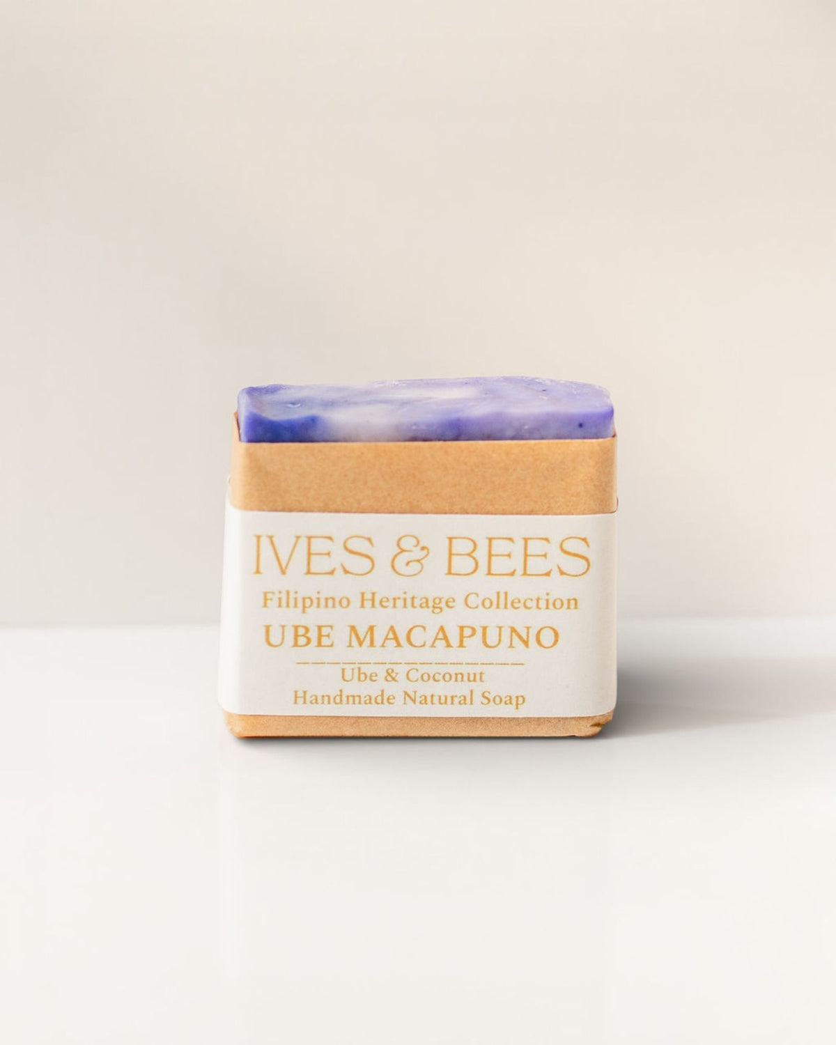Handmade Ube Macapuno Soap with 'Ives & Bees' branding on a white background